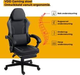 VDD Gaming - Gamestoel met massagefunctie en voetsteun - Gaming chair in de kleur Zwart/Grijs - Game stoel met nekkussen & verstelbaar rugkussen - Ergonomische bureaustoel met padded armsteunen - Max draagvermogen 150 kg - Verstelbare ruggensteun — thumbnail 3