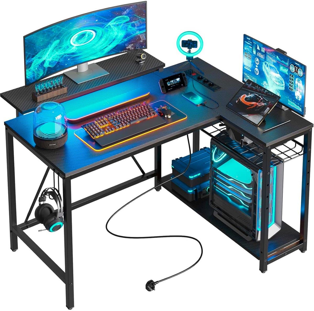 Five Stars® L-Vormig Game Bureau - 107x80x76 cm - Game Bureau met LED verlichting - Zwart Carbon - Hoekbureau - Gaming Desk - Computertafel — afbeelding 1