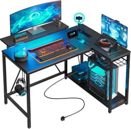 Five Stars® L-Vormig Game Bureau - 107x80x76 cm - Game Bureau met LED verlichting - Zwart Carbon - Hoekbureau - Gaming Desk - Computertafel — thumbnail 1