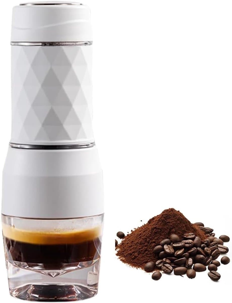 Draagbare espressomachine, geschikt voor capsules en gemalen koffie, handmatig bedienbaar reiskoffiezetapparaat, minikoffiezetapparaat, klein draagbaar koffiezetapparaat, voor kamperen, wit reizen — afbeelding 1