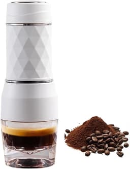 Draagbare espressomachine, geschikt voor capsules en gemalen koffie, handmatig bedienbaar reiskoffiezetapparaat, minikoffiezetapparaat, klein draagbaar koffiezetapparaat, voor kamperen, wit reizen — thumbnail 1