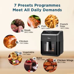 Midea Air fryer MF-CY70K - Hete lucht friteuse - 7L Capaciteit - HeatXpress Technologie - 90% Minder Olie - Energie en Tijdsbesparing met 7 Voorinstellingen - Transparante klep - Verlicht - Antiaanbaklaag, Zwart — thumbnail 4