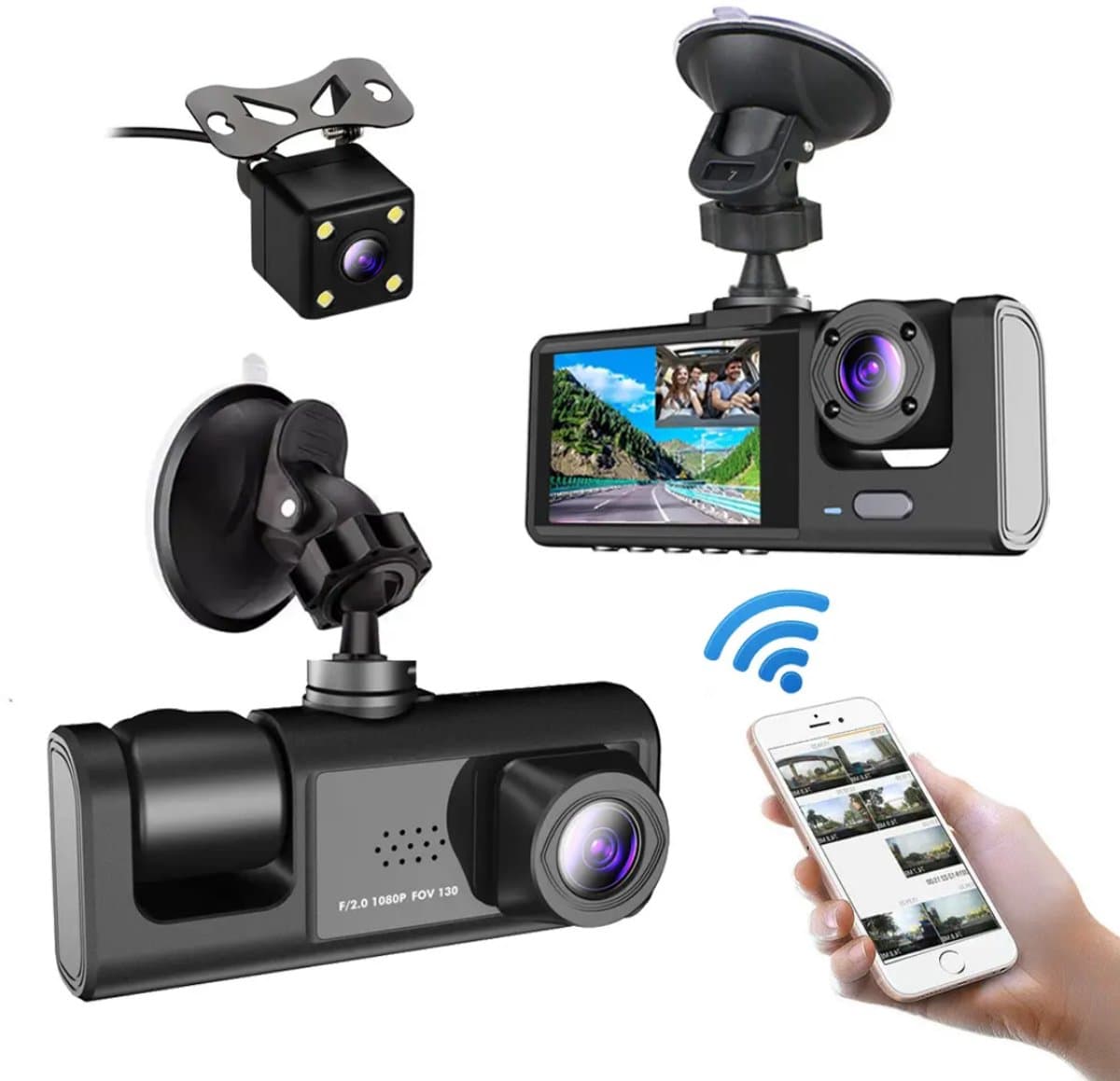 Piri Dual Dashcam Voor Auto 3 in 1 - Voor en Achter Camera Full HD - Nachtvisie - 170° Groothoeklens - Loop Recording - WiFi App - camera - dashcam - Emergency - noodgeval - inclusief 1 jaar Garantie — afbeelding 1