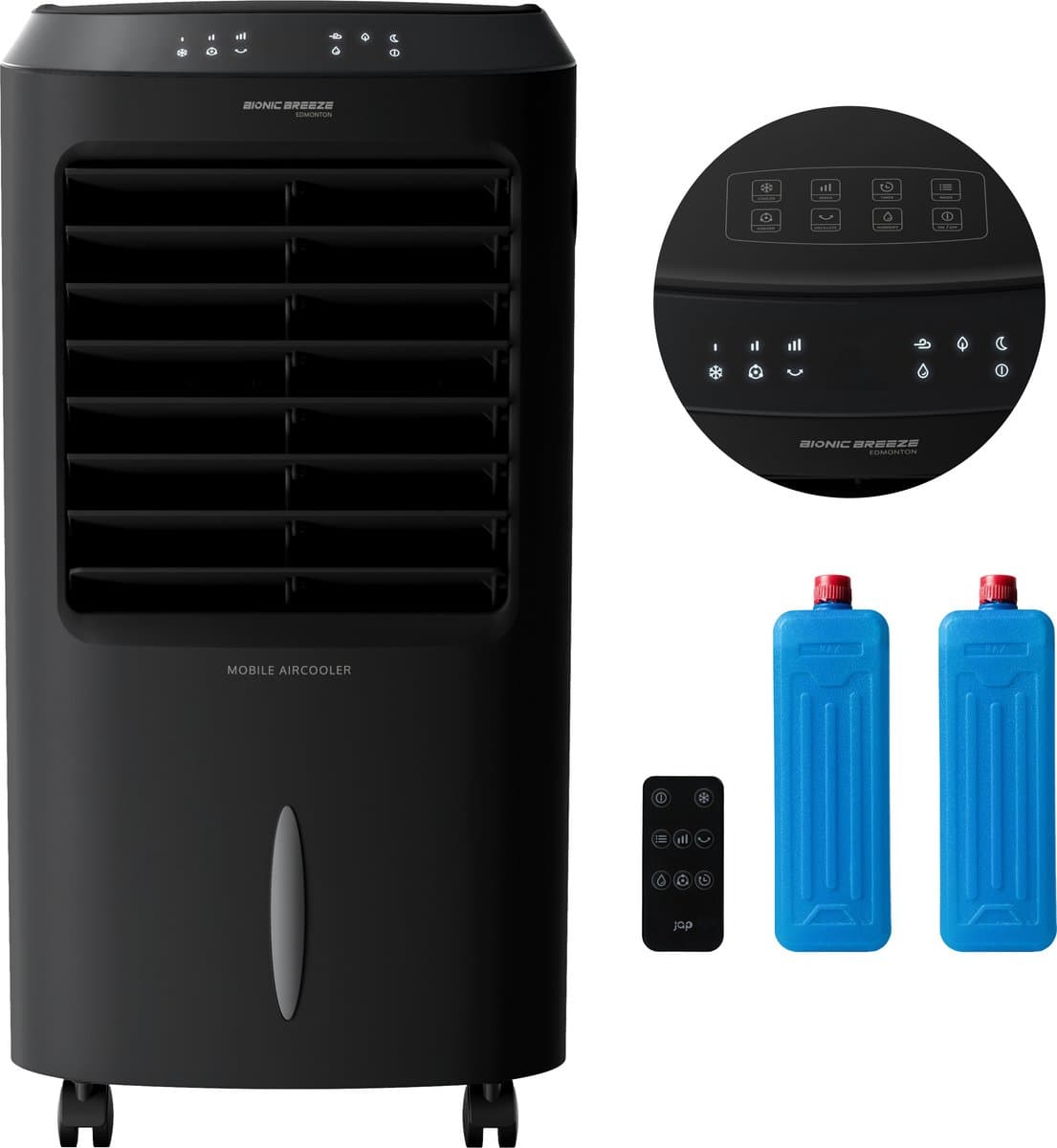JAP Appliances Edmonton - 4 in 1 Aircooler, Ventilator, Ionisator en luchtbevochtiger - Met afstandsbediening en timer - Luchtkoeler Inclusief 2 koelelementen - Mat zwart — afbeelding 1