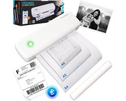 A4 Pocket Printer voor Smartphone - Verzendlabel - 300 DPI - Bluetooth - Draadloos - Mini Printer voor Mobiel - Thermische Printer - Wit - Fichero