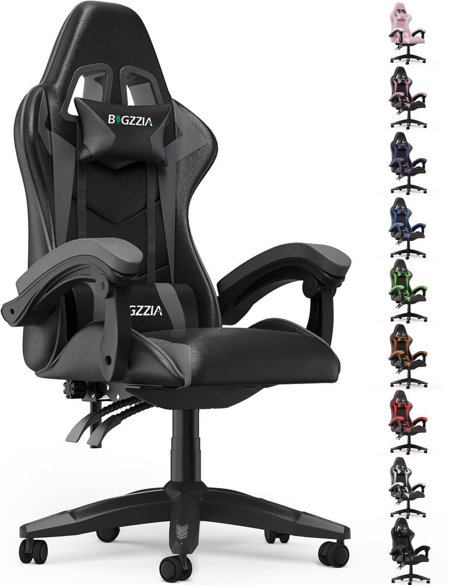 Bigzzia Gamingstoel - Ergonomische bureaustoel van PU-leer - In hoogte verstelbaar - Met lendenkussen en hoofdsteun - Comfortabele gamestoel voor volwassenen - Meisjes en jongens — afbeelding 1