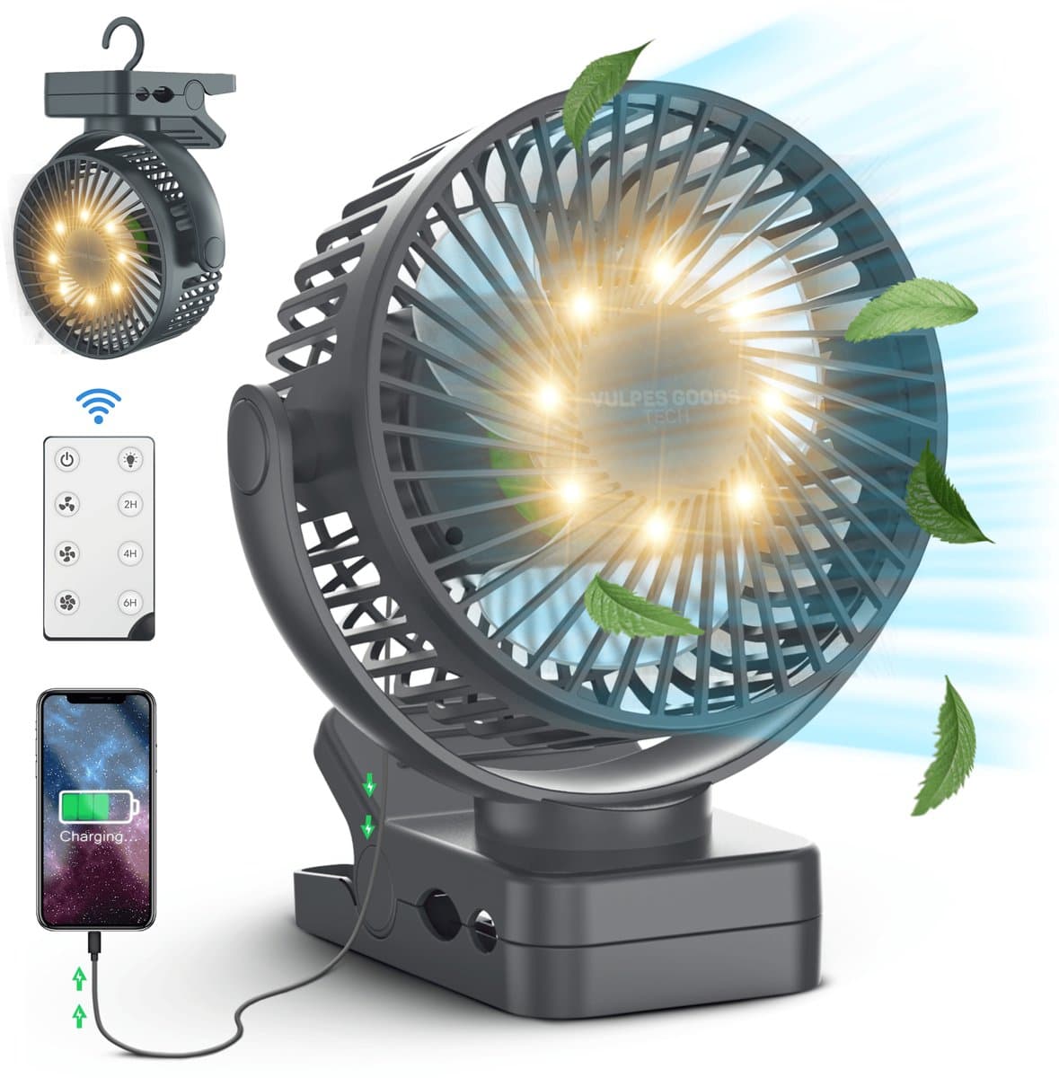 Vulpes Goods® Tech - Mini USB Ventilator PRO - Oplaadbare Tafelventilator - Stille Mini Fan met Afstandsbediening - Handventilator - Klein, Stil & Geruisloos - 3 Snelheden & Verlichting - 12000 mAh & Powerbank functie - Premium Zwart — afbeelding 1