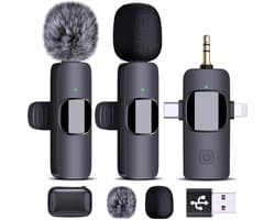 Draadloze Microfoon - 2 Stuks - Lavalier-microfoon - Draadloze Stropdasmicrofoon - Drie-in-één - Bluetooth Mini-microfoon - Voor Video-opnames - 3,5 mm Audio-uitgang - Ruisonderdrukking - Geschikt voor Android-telefoon, Camera, Laptop
