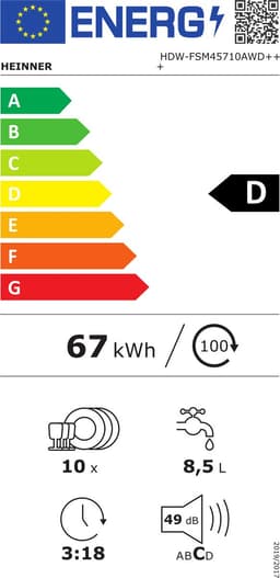 Heinner Slanke Vaatwasser 45 cm — 10 Couverts, Auto-Deur Opening, LED Display, Stil 49 dB, 5 Jaar Garantie, Wit — HDW-FSM45710AWD+++ — thumbnail 2