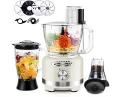 10-In-1 Elektrische Keukenmachine 1000 W Met Glazen Mixer Van 1 5 L En Kom Van 3 Liter Voor Snijden Hakken Raspen Mixen Pureren En Deeg 6 Voorinstellingen Voor Thuisgebruik Wit