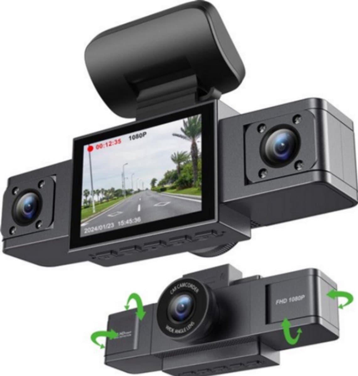 Geavanceerde 3-Lens Dashcam voor Auto | 24U Parkeermonitor, Achteruitrijfunctie & 64GB SD Kaart | Ultieme Beveiliging met Videorecorder - Zwart — afbeelding 1