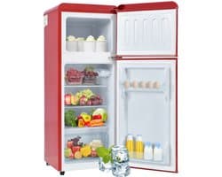 retrokoelkast, koel-vriescombinatie, 105,5 cm hoog, 41 cm breed, tweedeurig, met 92 liter totaal volume, 28 liter vriesvolume. Deurrek en glasrek. 116 kWh/jaar, -27掳C ~13掳C, LED-verlichting