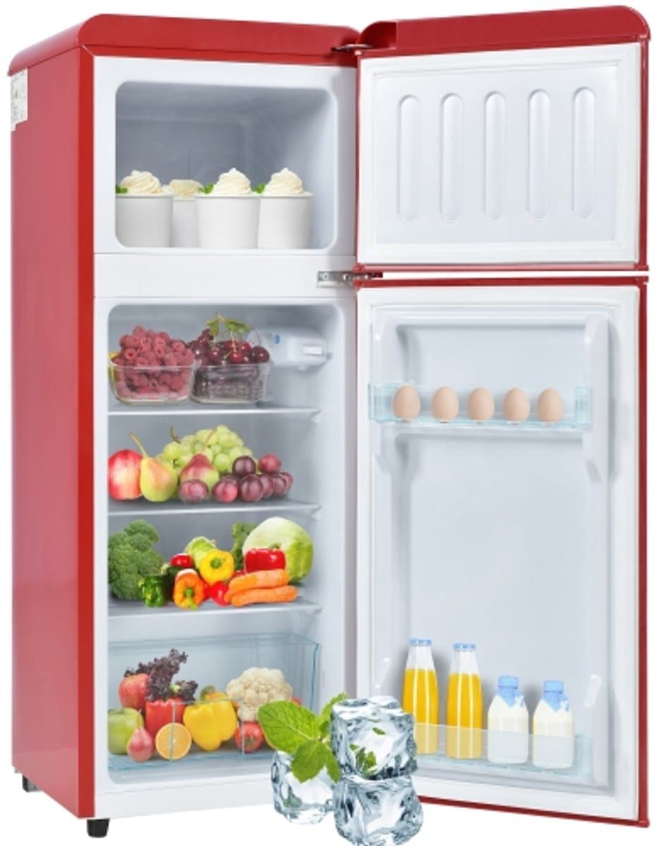 retrokoelkast, koel-vriescombinatie, 105,5 cm hoog, 41 cm breed, tweedeurig, met 92 liter totaal volume, 28 liter vriesvolume. Deurrek en glasrek. 116 kWh/jaar, -27掳C ~13掳C, LED-verlichting — afbeelding 1