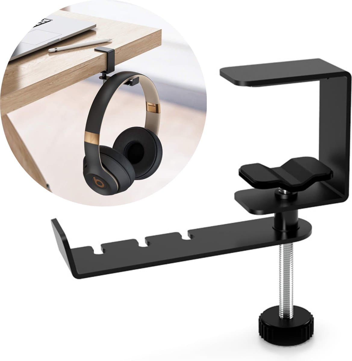 Koptelefoon houder - Gaming headset hanger - Headset stand - Haak - Bureau klem - Kabel organiser - Clip - Mount - Tas houder - Bureau beugel - zwart — afbeelding 1