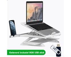 TrueLogic Alpha ergonomische laptopstandaard - Notebookstandaard - Geleverd inclusief 8 GB USB stick - Laptopverhoger - Laptophouder - Laptop standaard - Wit