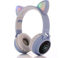 Kinder hoofdtelefoon - koptelefoon Bluetooth met led kattenoortjes licht blauw