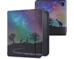 kwmobile e-reader hoesje geschikt voor Tolino Vision 6 hoes - E reader flip case met magnetische sluiting - Ereader cover - Sterrenhemel Giraffe design in zwart / donkerblauw / roze