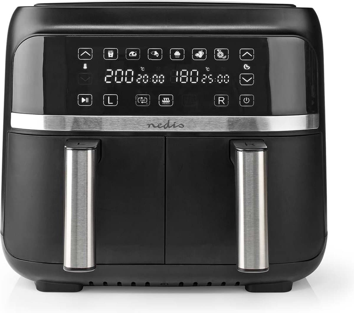 Nedis Dubbele Heteluchtfriteuse - 2x3.8 l - Tijdschakelaar: 60 min - Aantal vooraf ingestelde programma's: 6 - Digitaal - Zwart — afbeelding 1