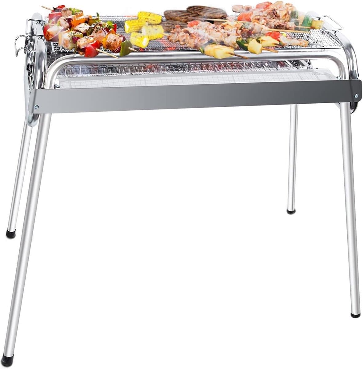 Uten bbq houtskool - barbecue houtskool - Houtskoolbarbecues - XL - Verstelbare hoogte - Camping barbecues- Barbeque - Grilloppervlak (L x B) 60 x 26 cm - RVS — afbeelding 1