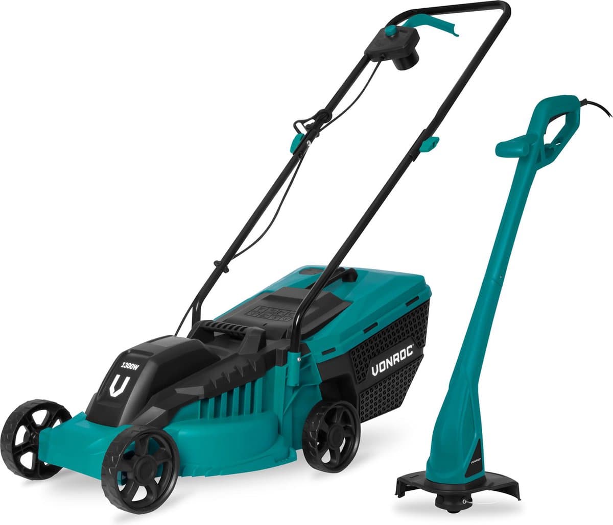VONROC Grasmaaier 1300W en Grastrimmer 300W – Complete set – 32 cm maaibreedte - Drie instelbare maaihoogtes: 30/50/70 mm - Incl. 30L Opvangbak — afbeelding 1