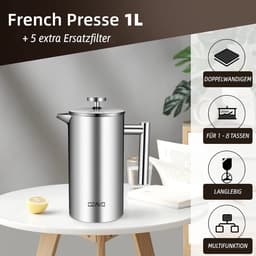Koffiepot 304 Roestvrij Staal filter French Press System 1L 8 Kopjes - Tweelaags constructie — thumbnail 5
