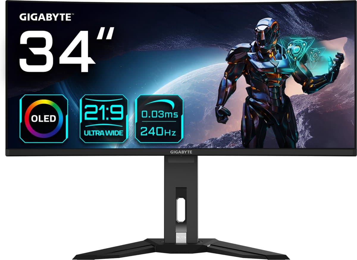 Gigabyte MO34WQC2 34" OLED WQHD curved gamingmonitor - 3440 x 1440, 240 Hz, 0,03 ms, KVM, 250 cd/m², FreeSync Premium Pro, DisplayHDR True Black 400, HDMI 2.1, DisplayPort 1.4 — afbeelding 1