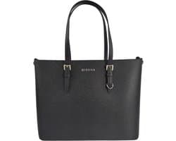 Qischa® - Grote schoudertas/Tas Dames - Saffiano - Extra hoog - geschikt voor A4 mappen/laptop - Ideaal te gebruiken voor school of werk - zwart met zilveren hardware