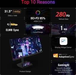 ASUS ROG Strix XG32WCMS USB Type-C Gaming Monitor - QHD VA Curved - 280Hz - 1ms - FreeSync Premium - USB-C - 31.5 Inch — thumbnail 4