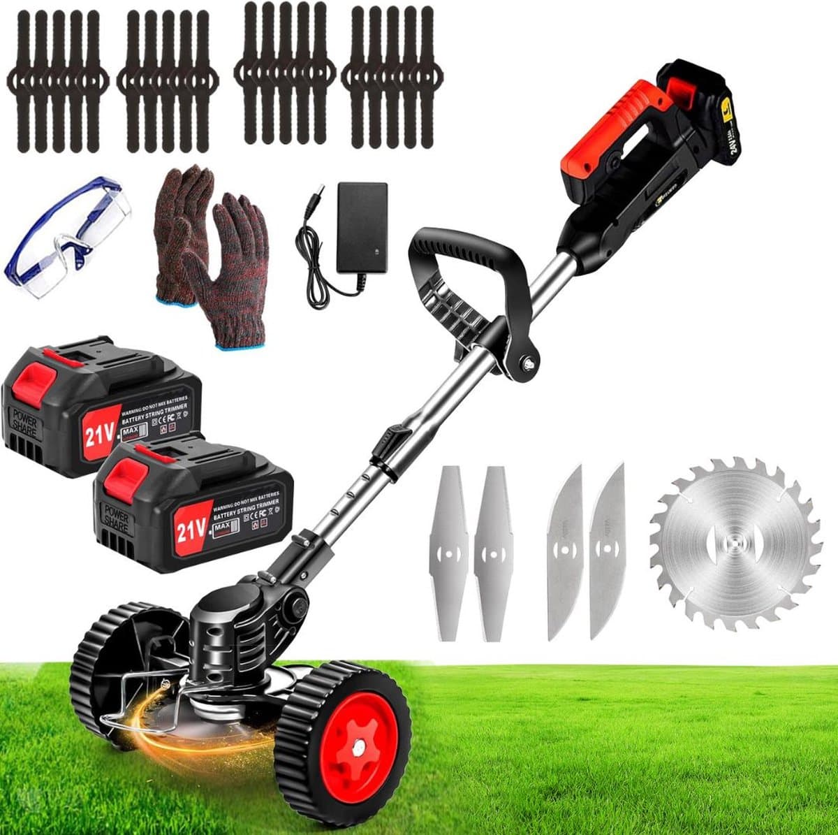 MKSS® Zweefmaaier - Bosmaaier Electrisch - Grastrimmer met Accu - Grasmaaier - Handmaaier met Wielen - Zwart met Rood — afbeelding 1