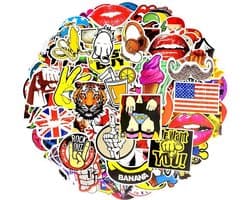 Sticker mix met 100 grappige plaatjes, bekende karakters en logo's. Coole mix voor skateboard, koffers, laptop, mobiel, fiets, auto, muur etc. Stickerbomb