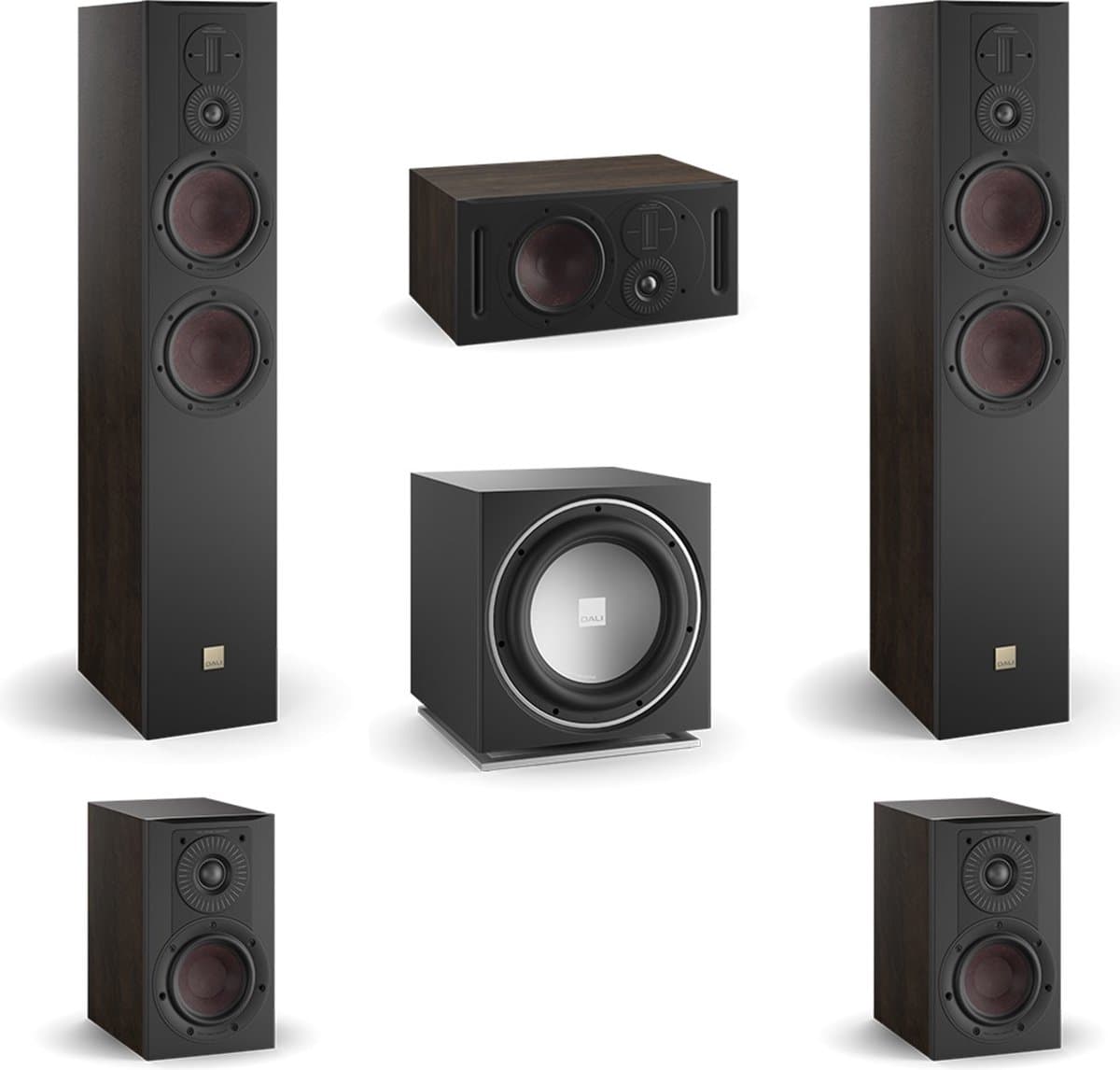 DALI Opticon 6 MK2 - Opticon 1 MK2 - Opticon Vokal MK2 - Dali Sub E12-F (Zwart) - 5.1 Surround bundel - Tabacco Oak — afbeelding 1