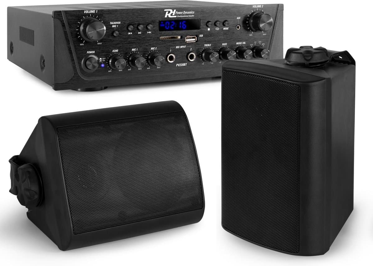 Geluidsinstallatie met Bluetooth - PV220BT 2-zone versterker audio + 2 BGO40 zwarte 4'' speakers — afbeelding 1