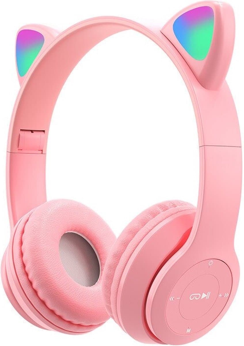 Kinder Hoofdtelefoon-Draadloze Koptelefoon-Kinder Headset-On Ear-Bluetooth-Microfoon-Katten Oorjtes-Led Verlichting-Licht Roze — afbeelding 1