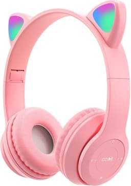 Kinder Hoofdtelefoon-Draadloze Koptelefoon-Kinder Headset-On Ear-Bluetooth-Microfoon-Katten Oorjtes-Led Verlichting-Licht Roze — thumbnail 1