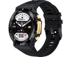 Belesy® AURORA - Smartwatch Heren –Horloge – Stappenteller – Calorieën – Constante Hartslag – Sporten – Bel functie - Je eigen foto als wijzerplaat - Kleurenscherm - Full Touch – Goud/Zwart - Siliconen - Moederdag