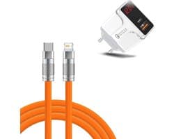 DrPhone OptiCharge LC - HALO5 Charger + LSC1 Lightning to USB C Cable - Type-C Fast Charger & LED-display – Snellader – 2 Meter - Oranje/Wit