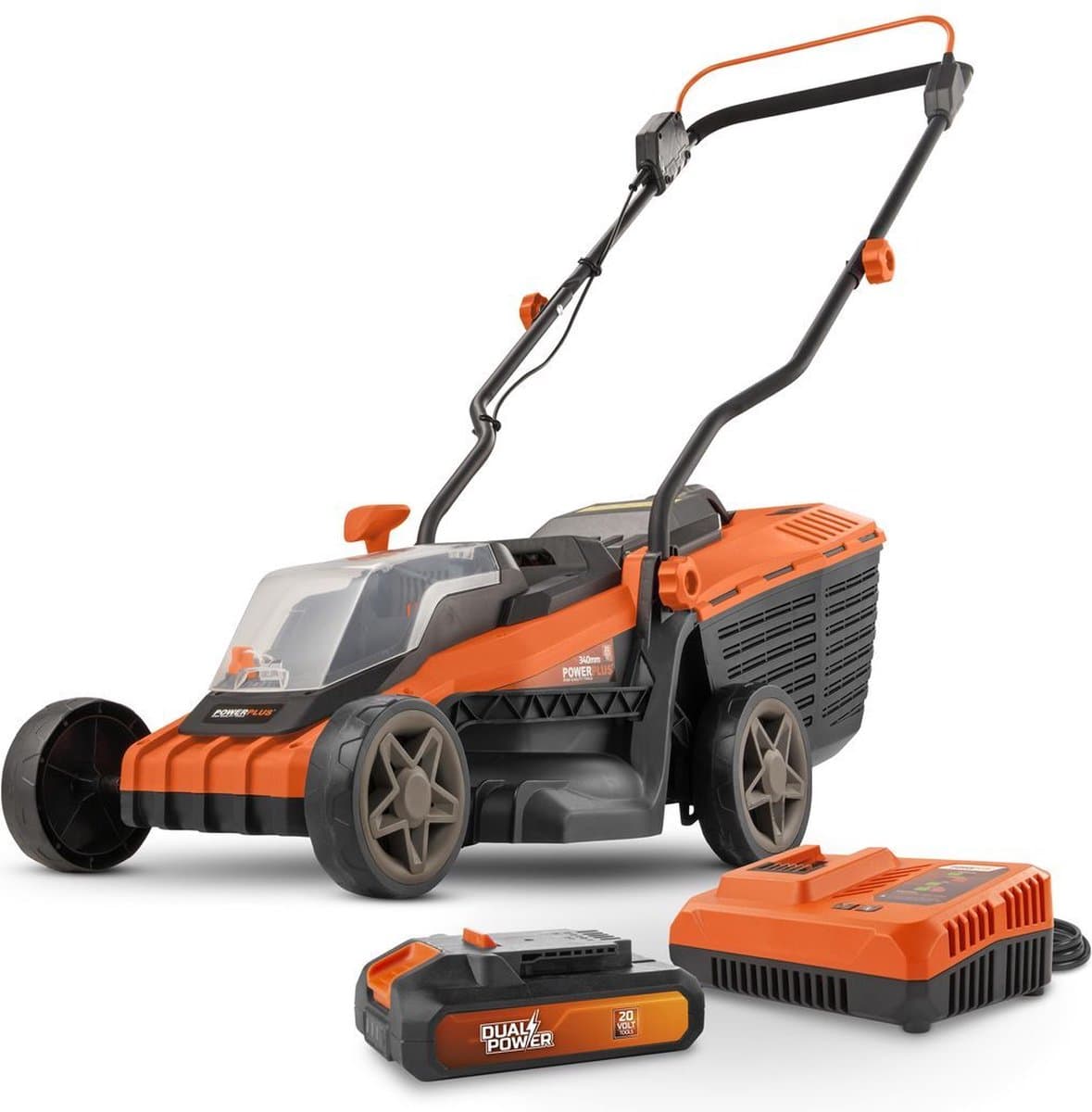Dual Power Accu-grasmaaier POWDPGLWS1 - 20 V, 340 mm Ø grasmaaier, met accu en lader, met 30 L grasopvangbak en achteruitworp — afbeelding 1
