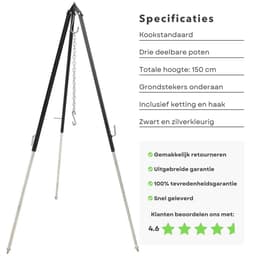 Driepoot Standaard - Stabiel Buiten Koken - 150cm - In Hoogte Verstelbaar - Camping - BBQ Statief - Tripod - Extra Sterk - Grondstekers - Metaal - Kookstatief — thumbnail 4