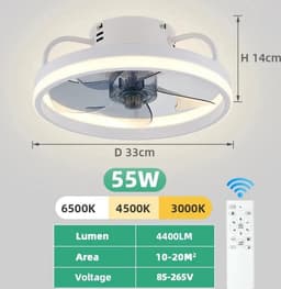 Lichtendirect- Plafondventilator met verlichting- 33 CM Wit - Smart Lamp - 6 Standen Ventilator – Plafonniere Keuken Lamp - Woonkamerlamp - Dimbaar met afstandsbediening- APP functie- — thumbnail 5