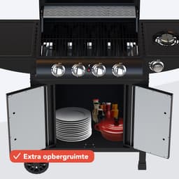 KitchenBrothers Gas BBQ - Gasbarbecue met zijbrander - 5 Branders - PFAS Vrij - Met Gasaansluiting - 42x57cm Grilloppervlak - Extra Opbergruimte - Zwart — thumbnail 4