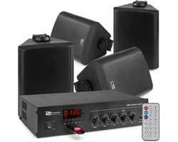 Power Dynamics PBA30 100V geluidsinstallatie met 4 zwarte weerbestendige 5 inch opbouw speakers