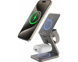 Swissten 3 in 1 Draadloze Oplader Opvouwbaar - Magnetische standaard 23W - Geschikt voor iPhone 7/8/X/11/12/13/14, Airpods en Apple Watch series 1 t/m 9 - Grijs