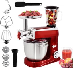 Royalty Line Keukenmachine - Keukenrobot - 2100W - Foodprocessor met 7 Snelheidsstanden + LED, incl. Garde / Kneedhaak / Mengarm en Blender, Met Spatscherm & RVS Mengkom Van 7.5 Liter - Rood — thumbnail 1