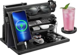Valentijnscadeaus voor mannen houten telefoon docking station papa geschenken nachtkastje organizer houder nachtkastje portemonnee horloge stand kerstcadeaus voor mannen of vrouwen verjaardag — thumbnail 2