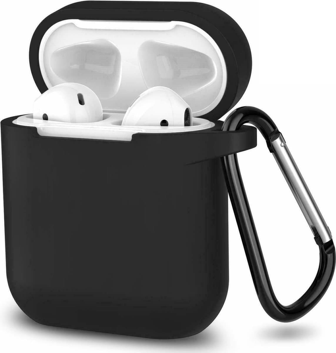 Hoesje geschikt voor Airpods 1 / Airpods 2 - Schokbestendig siliconen Case Silicone met clip - Zwart — afbeelding 1