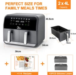 Uten Dubbele Airfryer - Hetelucht friteuse - Airfryer XXL - 2 x 4 liter - 8 Programma's - Dual cook functie - 4 Accesoires - 40 tot 200°C - 1700 watt - Grijs zwart — thumbnail 10