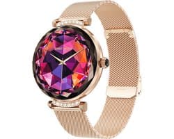 WizBay Premium Select® 1.19inch Smartwatch Dames Heren AMOLED - Android en iOS - Bluetooth Call - Smartwatches - Magnetic Laden - O2 en Bloeddrukmeter - Multiple Sport - Message - Slaap meter - Gold Horlogekast - Gold Band plus Roze TPU Band