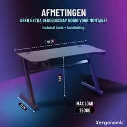 Xergonomic Game Bureau - Gaming Desk - Carbonfiber look - B125xH75xL62 cm - Computer Tafel - Incl. beker-, koptelefoonhouder en kabelorganizer - Xergax - Zwart — thumbnail 3