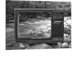 Dibond - Oude Vintage Televisie met Doorkijk op Rivier (Zwart-wit) - 100x75 cm Foto op Aluminium (Wanddecoratie van metaal)