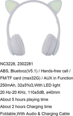 M.TK Kinder Hoofdtelefoon Draadloze met Lichting - Oortjes-Led Verlichting-Wit - Kids Headset-Over Ear-Bluetooth-Microfoon (Wit) — thumbnail 4